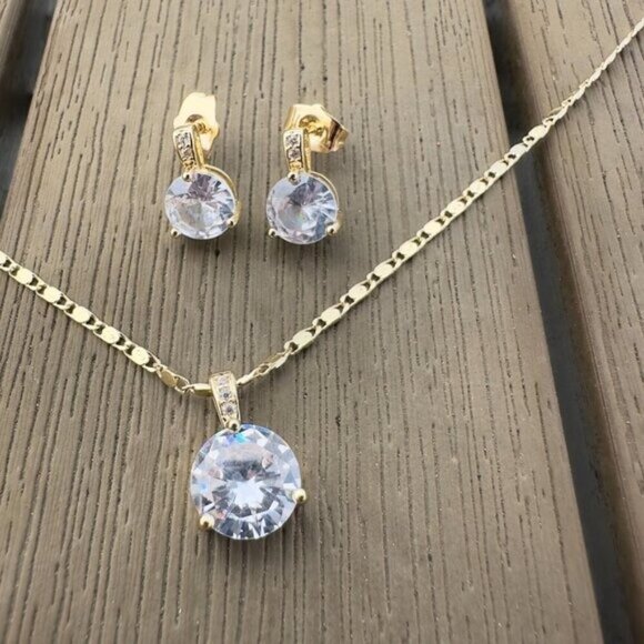 18k Gold Plated Jewelry - 18K Gold Plated Necklace & Earrings Set | Cubic Zirconia | 18” Chain